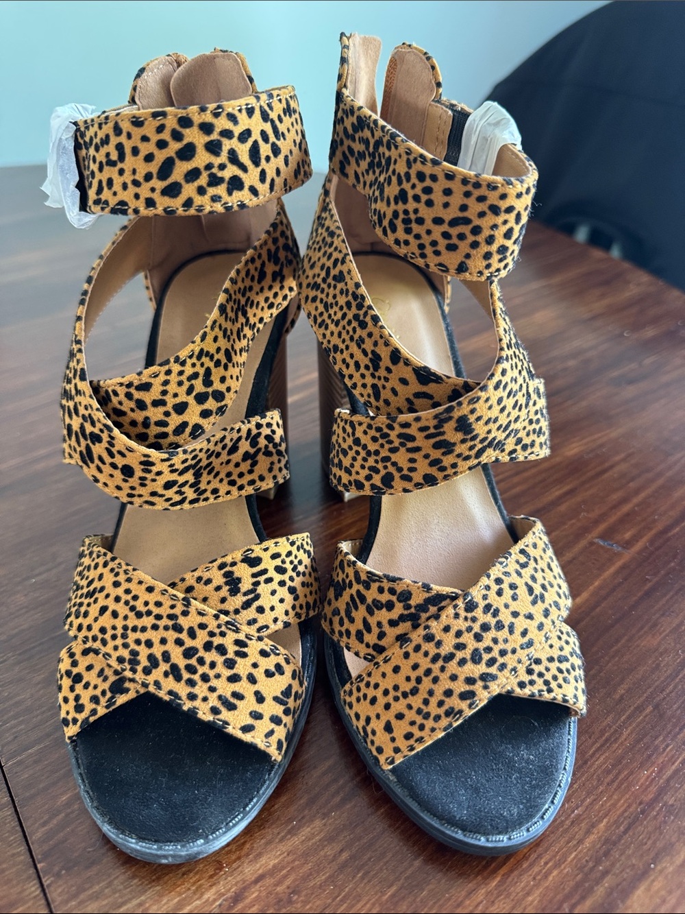 Qupid Leopard Print Strappy Heels - Tan/Black